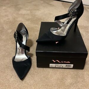 Women’s High heel black satin shoe with rhinestones